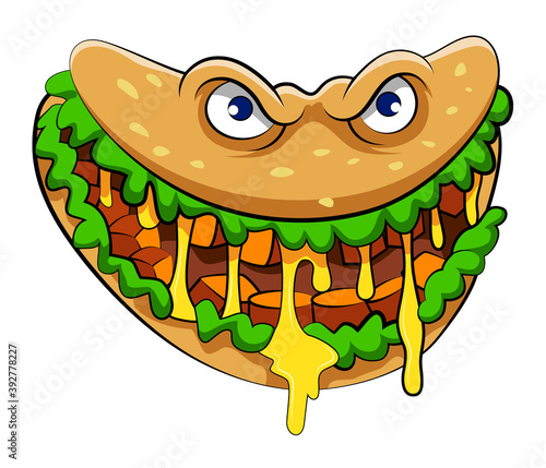 The beef burrito monster with the vegetables and yellow mustard for the mascot of restaurant