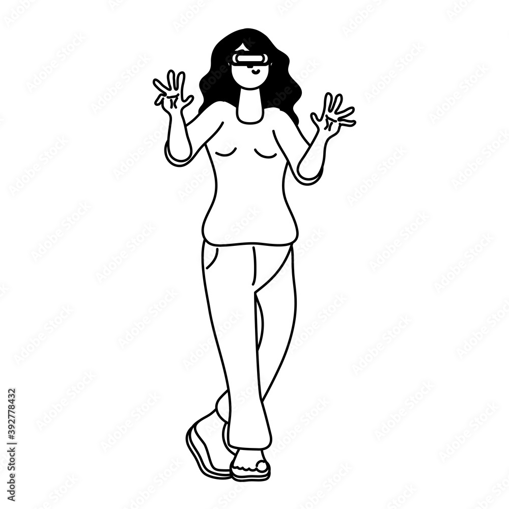 young woman using reality virtual technology line style young woman using reality virtual technology line style