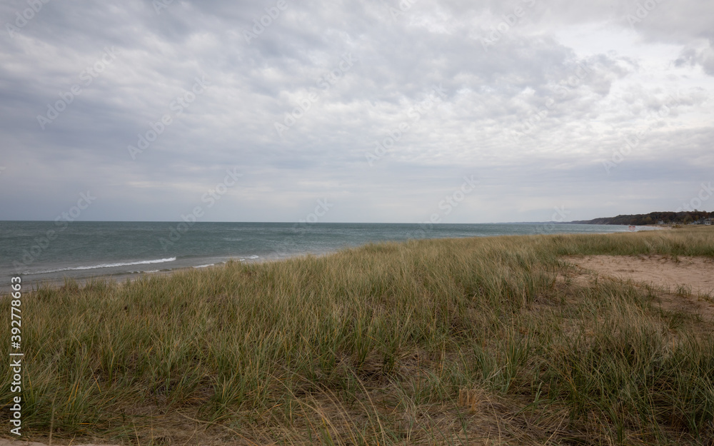 Lake Michigan and grass on beach in Fall at St. Joseph Tiscornia Park.