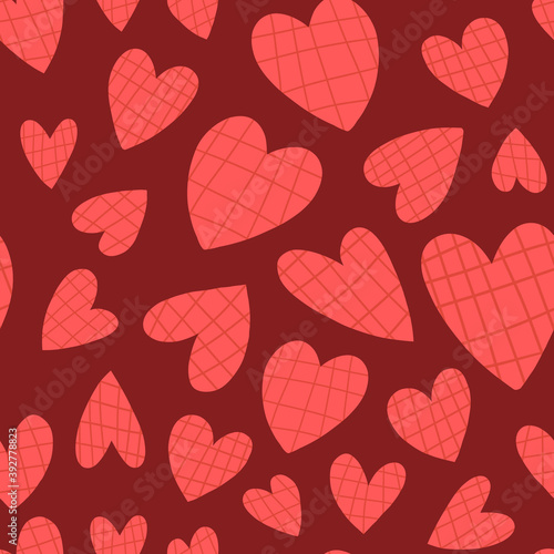 Seamless pattern on burgundy red background with various pink tartan hearts. Cute design for textile and other print.