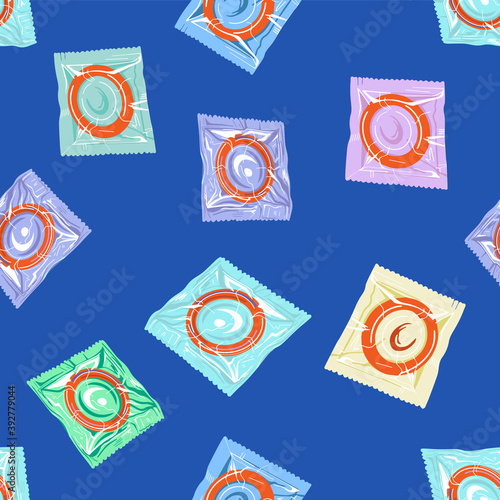 Latex condoms in a Seamless pattern package. The concept of safe sex.Prevention of AIDS, HIV and sexually transmitted diseases.Vector illustration