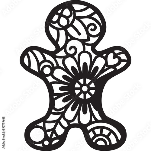 Christmas Ornament, Mandala Gingerbread Man, silhouette zendoodle illustration. SVG cut file, template for craft, vinyl, paper cutting, t-shirt design photo