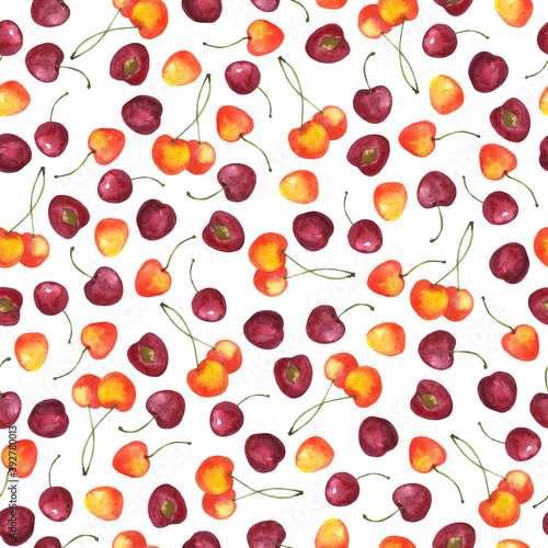 Seamless pattern with red and yellow cherry berry on white background. Hand drawn watercolor illustration.