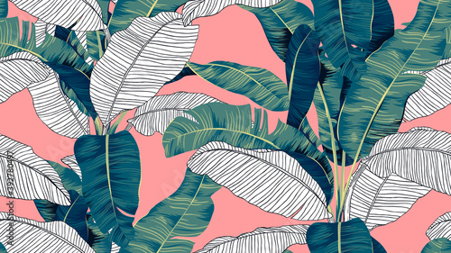 Botanical seamless pattern, hand drawn banana tree on bright red