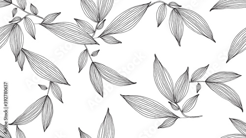 Botanical seamless pattern, hand drawn line art  leaves on white