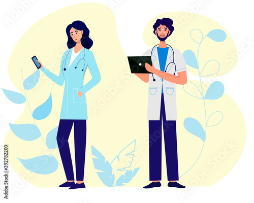 Telemedicine. Woman doctor and man doctor with smartphone and tablet in hands. Consultation on phone screen. Online doctor concept. Medicine mobile phone app.