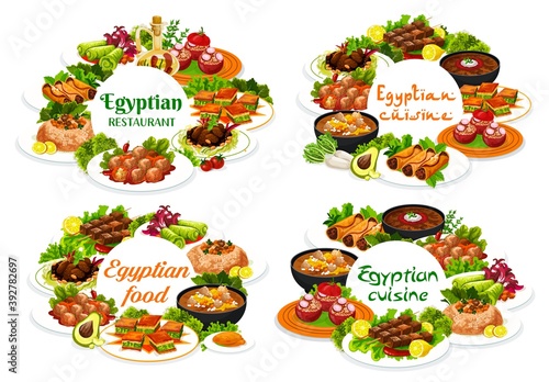 Egyptian cuisine restaurant vector round banners. Egyptian dishes with stuffed vegetables and rice, lamb and fish meat, sweet pastry dessert and soup with legumes, meatball, couscous and baklava