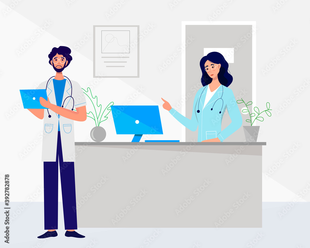 Woman doctor and man doctor with smartphone and computer. Consultation and Medical clinic reception. Woman doctor and man doctor with smartphone and computer. Consultation and Medical clinic reception.