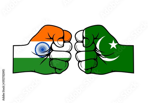 India and Pakistan countries confrontation vector concept. Political, military or religious conflict, trade war and territorial dispute. Two fists one opposite other with Indian and Pakistani flags