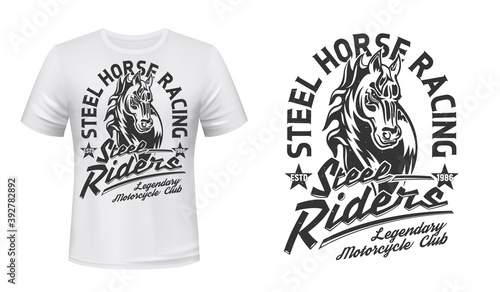 Horse stallion head t-shirt vector print. Courser or trotter, horse with waving mare illustration and typography. Motorcycle racing, motorbike riders club apparel print design mockup with mascot