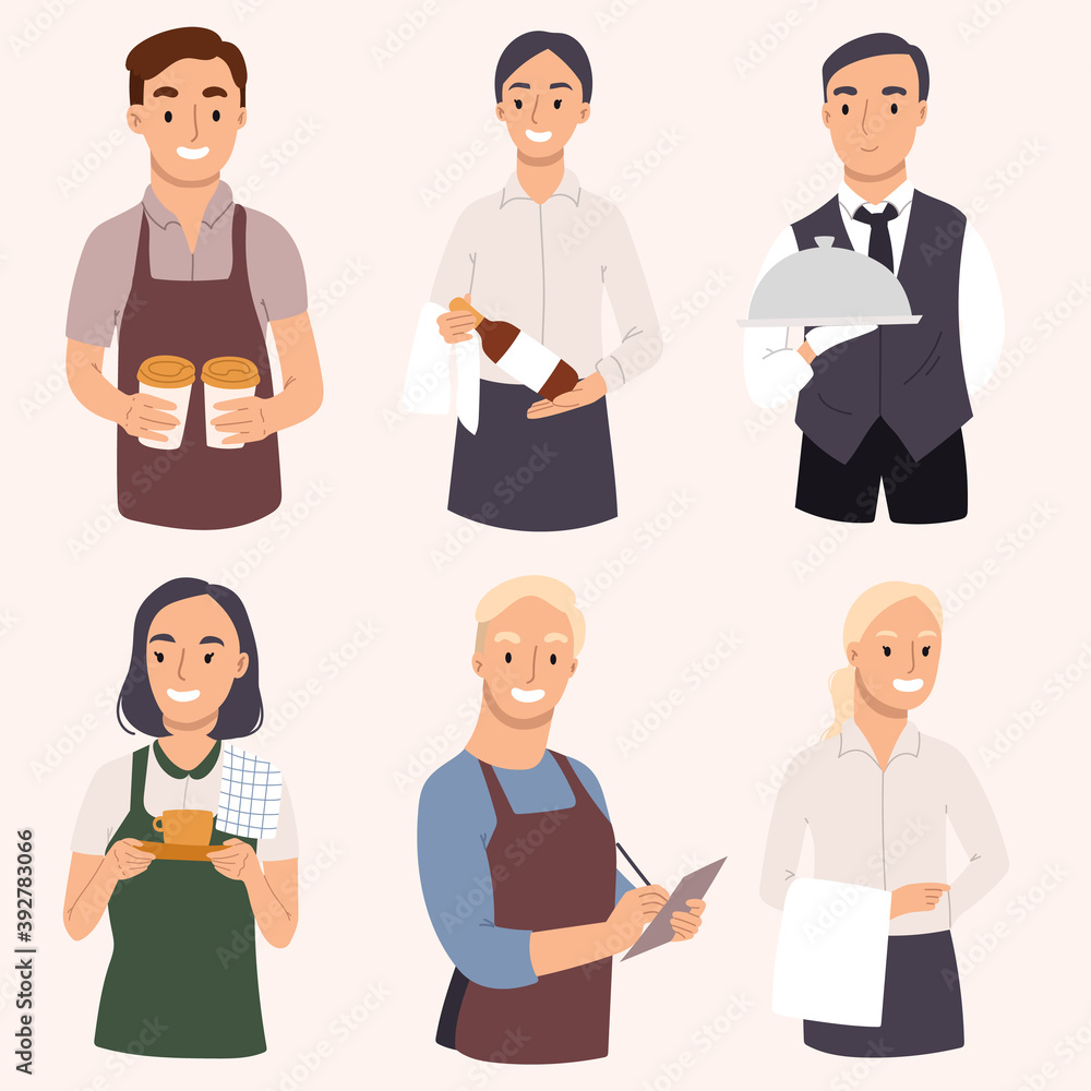Fototapeta premium Set of young vector waiters and waitresses serving visitors. Restaurant staff characters design.Hand drawn illustration.