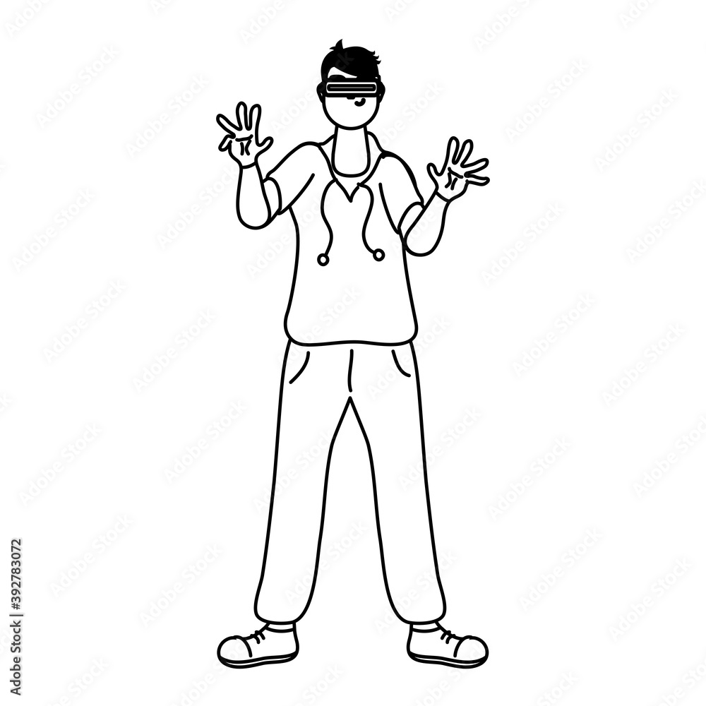 young man using reality virtual technology line style