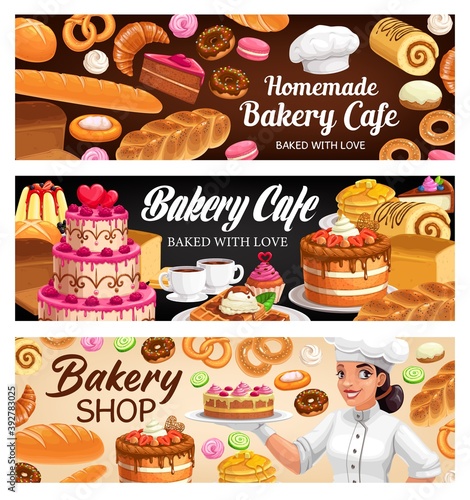 Bakery shop desserts, cakes and pastry vector banners. Baker woman presenting bake house assortment bread, cake, bagels and buns, croissant and baguette, pretzel and cupcake, macaroon and meringues