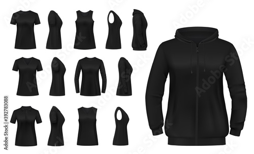Women clothes isolated vector tshirt, hoodie and longsleeve shirts with singlet apparel mockup. Realistic 3d female garment, black underwear template. Blank wear clothing design, outfit objects set