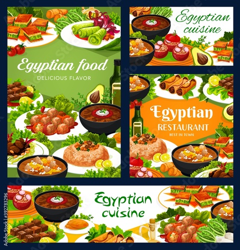 Egyptian cuisine food vector banners. Sweet baklava dessert, sardine patties and tomatoes stuffed with rice, lentil and trotter soup, lamb meant with vegetables and prunes. Egyptian restaurant meals