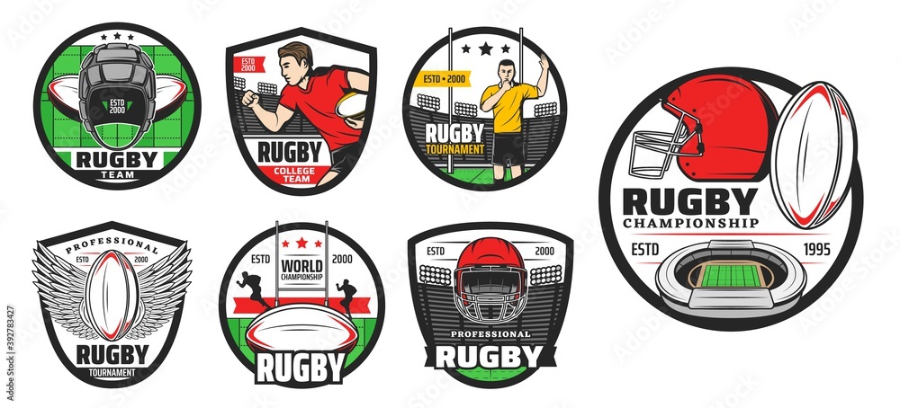 Rugby sport vector icons. American football game signs. Professional player run with ball, helmet, tribunes, play field and referee whistles on stadium. Rugby tournament sport team isolated labels set