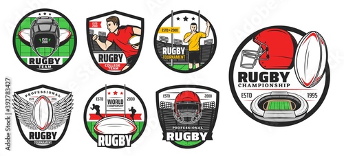 Rugby sport vector icons. American football game signs. Professional player run with ball, helmet, tribunes, play field and referee whistles on stadium. Rugby tournament sport team isolated labels set