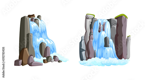 Waterfall cascades in mountains with front and side views. Waterfalls isolated in white background. Vector illustration in cartoon style