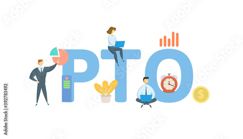 PTO, Paid Time Off. Concept with keywords, people and icons. Flat vector illustration. Isolated on white background.