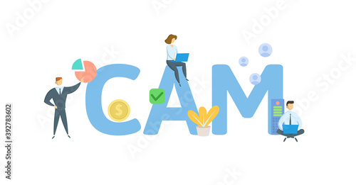 CAM, Common Area Maintenance. Concept with keywords, people and icons. Flat vector illustration. Isolated on white background.