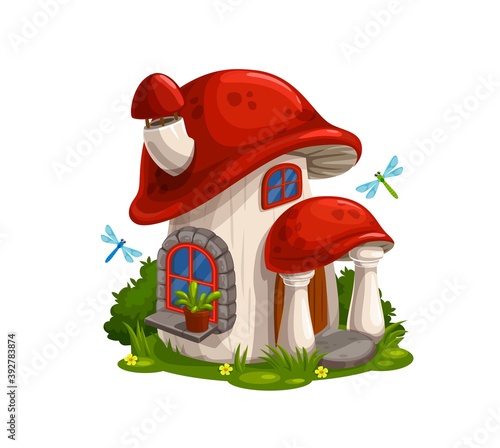 Gnome, dwarf fairytale house or hut in mushroom cartoon vector. Fairy creature magic home with chimney on red roof, canopy over stone porch, flowerpot on windowsill and dragonfly flying over bushes