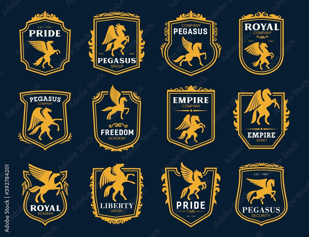 Pegasus icons. Heraldic winged horses symbols. Royal coat of arms, company emblem or college vintage badge with rearing on hind legs pegasus golden silhouette, shield frames and ornaments vector