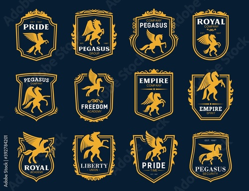 Pegasus icons. Heraldic winged horses symbols. Royal coat of arms, company emblem or college vintage badge with rearing on hind legs pegasus golden silhouette, shield frames and ornaments vector