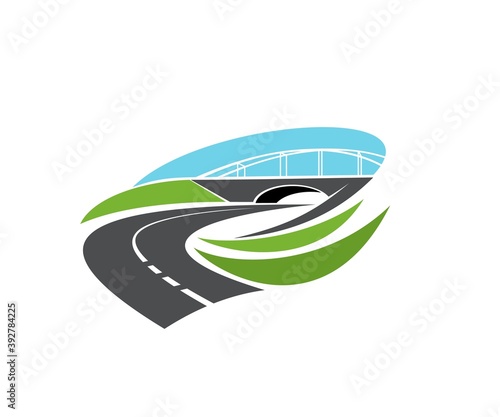 Roadway turn, freeway under bridge icon. Highway level junction, modern motorway intersection with tunnel or bridge vector. Road journey, logistics and transportation industry emblem design element