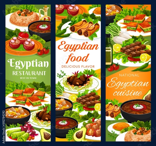 Egyptian cuisine restaurant meals vector banners. Sardine patties, stuffed tomatoes, cabbage and rolls, shish kebabs with saffron, lentil and trotter soups, baklava, lamb with prunes and couscous