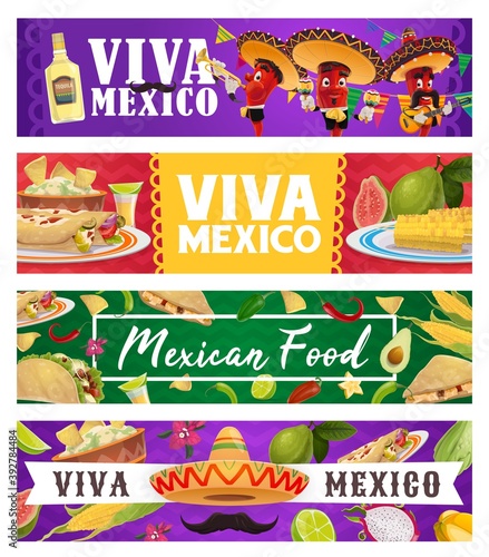 Mexican holiday food and chilli musician, Viva Mexico vector banners. Red pepper mariachi cartoon characters in sombrero hats with maracas and guitar, tequila, taco, burrito and avocado guacamole