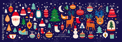 Christmas decorative banner with funny Santa Claus, Christmas toys, Christmas tree and holiday elements. Christmas pattern