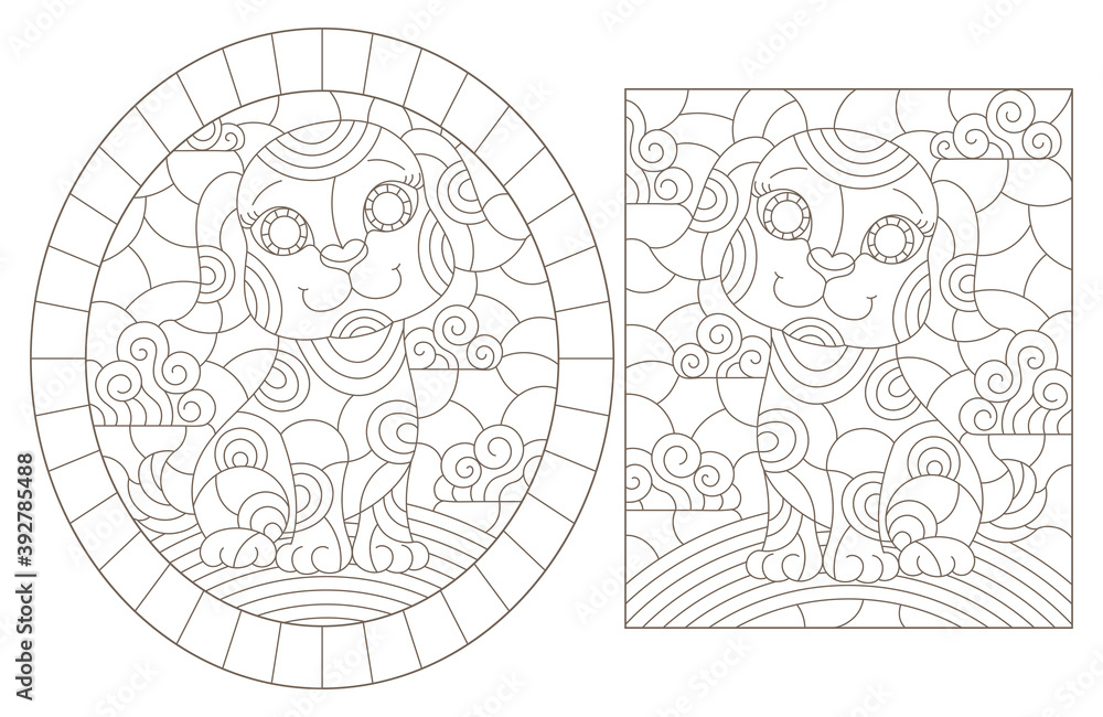 Set of outline illustrations in the style of stained glass with abstract dogs , dark outlines on white background