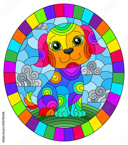 Illustration in stained glass style with abstract cute rainbow dog on a sky background,oval image in bright frame