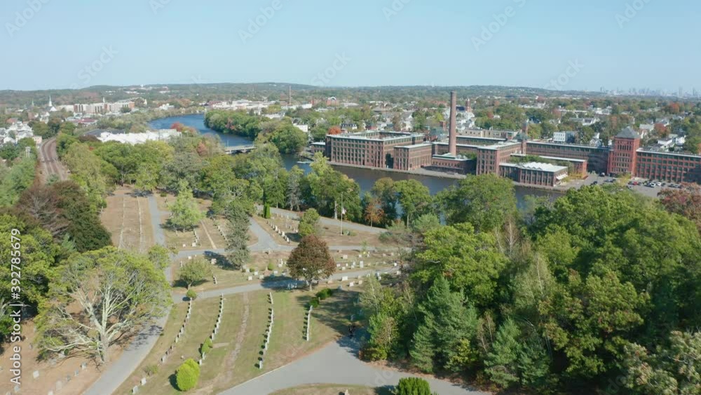 Aerial Drone Shot Flying Over Mt Feake Cemetery Toward Charles River in Waltham Aerial Drone Shot Flying Over Mt Feake Cemetery Toward Charles River in Waltham
