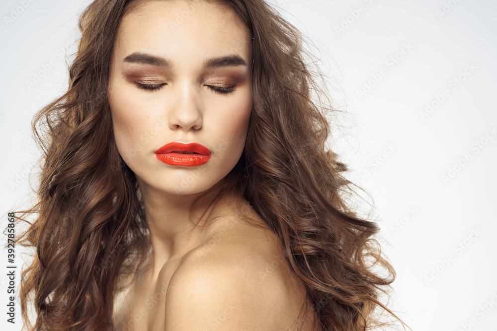 Elegant woman with bare shoulders red lips glamor attractive look cropped look Elegant woman with bare shoulders red lips glamor attractive look cropped look