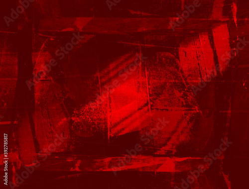 Red, monochrome background with square, dark accents.