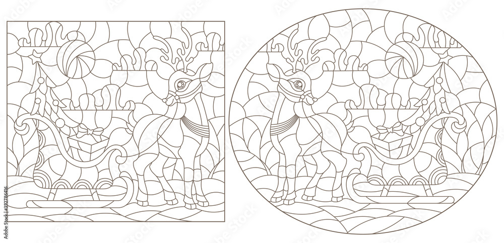 Set of contour illustrations of stained glass Windows on the theme of Christmas and new year with cartoon deer, dark outlines on a white background