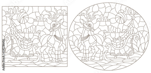 Set of contour illustrations of stained glass Windows on the theme of Christmas and new year with cartoon deer, dark outlines on a white background