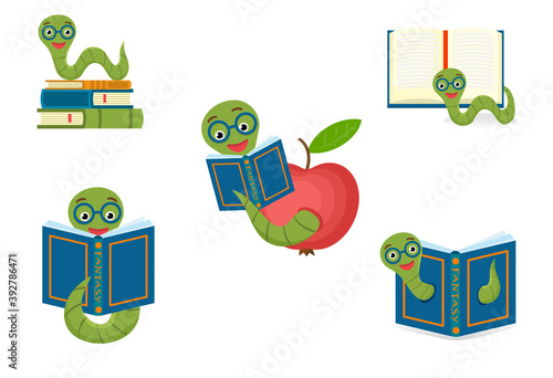 Set cute bookworm with glasses next to books, isolated on white background. Education concept. Vector cartoon illustration.