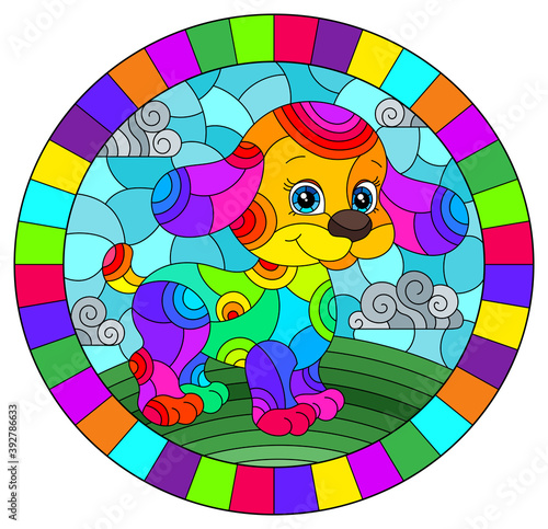 Illustration in stained glass style with abstract cute rainbow dog on a sky background,oval image in bright frame