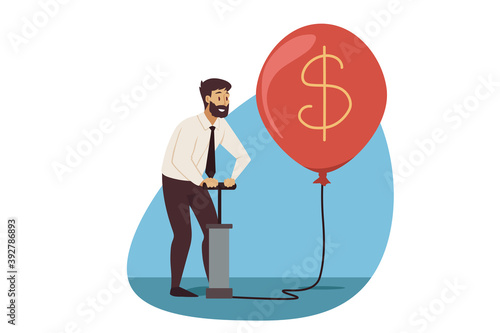 Business, profit, currency mining concept. Young businessman clerk manager cartoon character pumping hot air balloon with dollar sign. Increasing cash revenue and financial money income illustration.