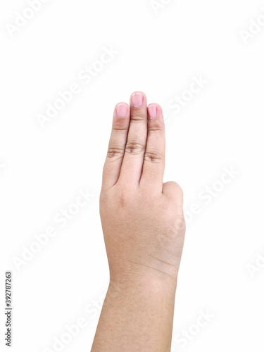 The arm of the child holds three fingers as a symbol. Isolated white background