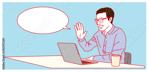 リモートで仕事をする男性   ふきだし