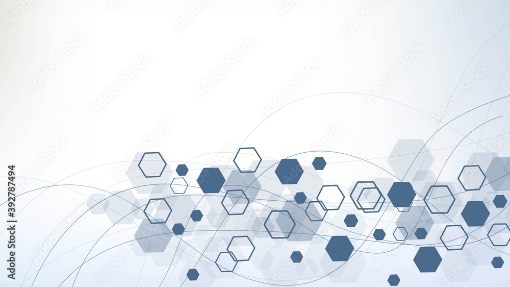 Science network pattern, connecting lines and dots. Technology hexagons structure or molecular connect elements.