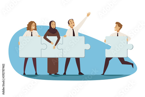 Partnership, teamwork, business concept. Young group of multiethnic businessmen women managers partners cooperate collaborate connecting jugsaw puzzles together. Team building coworking illustration.