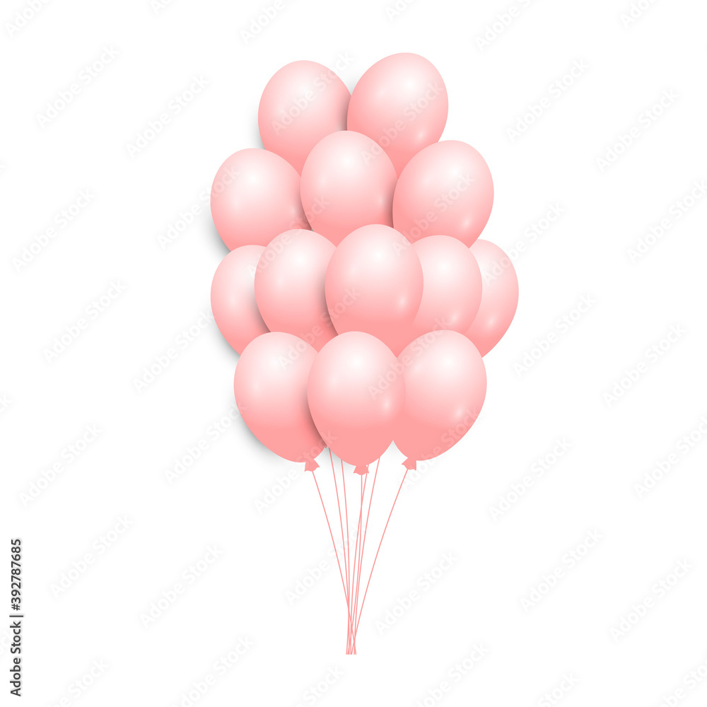 Bunch of pink helium balloons on a white background. Vector illustration.
