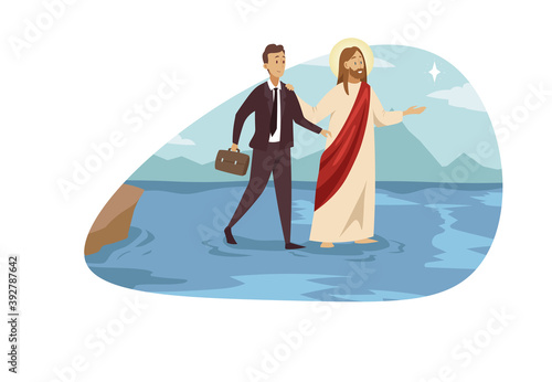 Support, christianity, business success concept. Jesus Christ religious biblical cartoon character son of God leading young happy businessman walking on water. Heaven blessing help goal achievement.