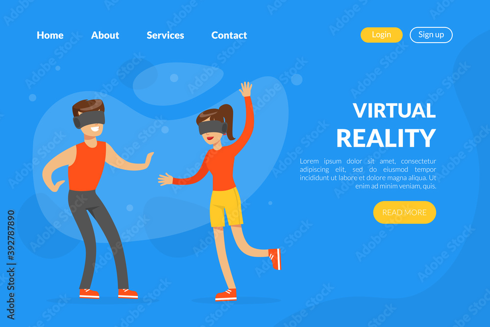 Virtual Reality Landing Page Template, People Learning and Entertaining Wearing Virtual Augmented Reality Glasses Cartoon Vector Illustration