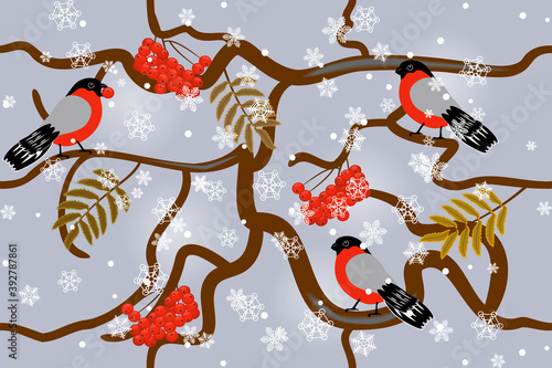winter, snowfall, birds on rowan branches eating berries - seamless pattern