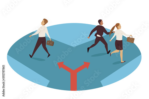 Business, path choice, separation direction concept. Businessman clerk manager leader separating from group team and walking different direction road to success. Career selection and new challenge.